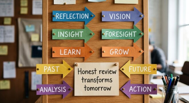 Arrows indicating reflection vision insight foresight learn grow past future analysis action with central quote