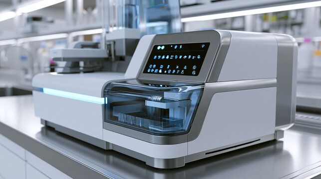Modern laboratory diagnostic machine with digital screen display for medical research automated testing in sterile space.