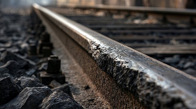 Close up view of rusted steel train tracks on a railway bed.