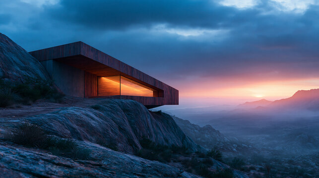 Modern luxury cabin featuring warm wooden exterior built on rocky mountain ledge under dark twilight sunset sky horizon.
