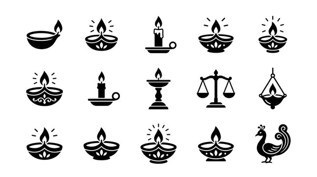 Diwali diya icon set. Includes oil lamp, candle, and peacock symbols. Black solid vector icons for Indian festival of lights decoration.