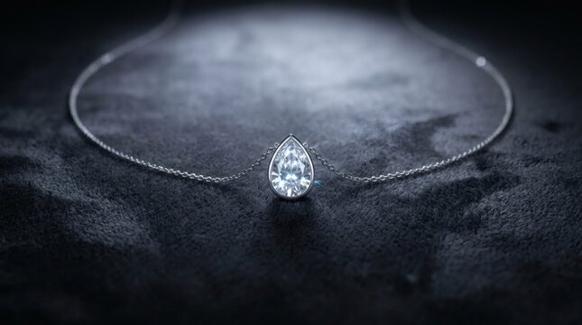 Elegant silver necklace with pear shaped diamond pendant on dark textured velvet surface under spotlight.