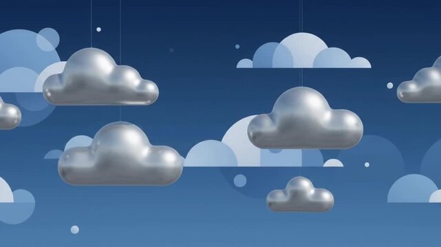 3D rendered metallic clouds rotating and hanging in a blue sky video background motion clip