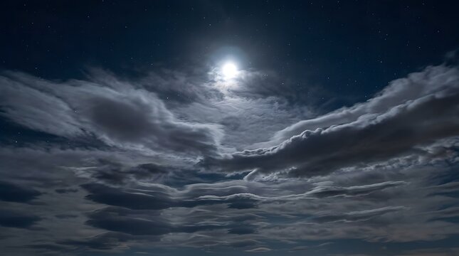 Bright full moon shining through thick dramatic clouds in dark night sky