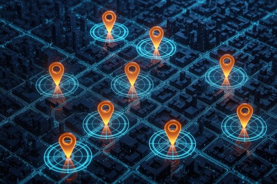 Advanced geofencing technology maps digital urban city grid. Glowing orange location pins mark specific points on blue smart city map. Virtual GPS navigation markers track mobile devices, local