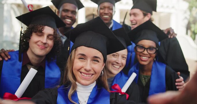 Face, friends and selfie outdoor for graduation, degree completion or event vlog for memory. People, graduate or photo with scroll for ceremony pride, social media or happy for collective achievement