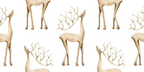 Deer Christmas watercolor seamless surface pattern design. Festive background of hand painted woodland stags. Winter holiday endless print for winter holiday New Year fabric, textile, wrapping paper © Fedulova_art
