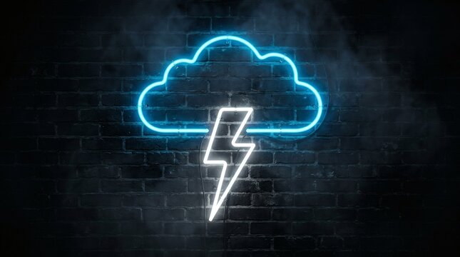 Neon blue cloud with white lightning bolt icon glowing against dark brick wall for weather forecasting concepts.