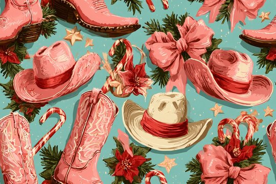 Seamless western Christmas pattern with pink cowgirl boots, cowboy hats, bows, stars and candy canes in dusty pink, cherry red, turquoise and cream, retro hand drawn illustration