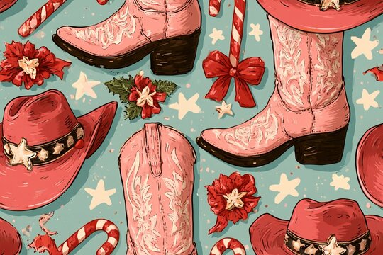 Seamless western Christmas pattern with pink cowgirl boots, cowboy hats, bows, stars and candy canes in dusty pink, cherry red, turquoise and cream, retro hand drawn illustration