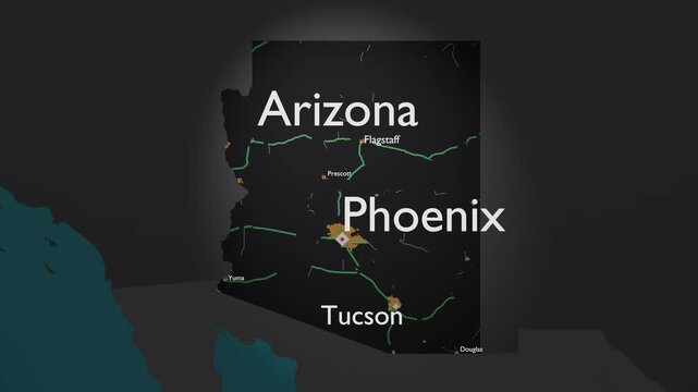 Arizona 3D Map Graphic with Phoenix and Desert Light Hubs