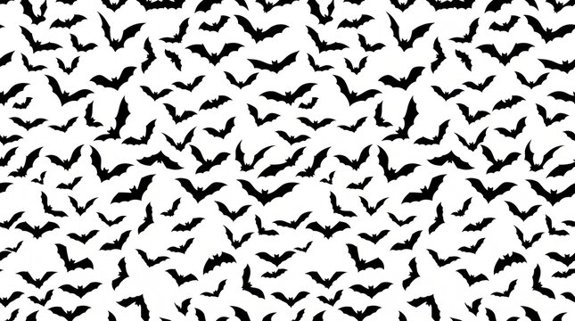 Many flying bats in seamless pattern background featuring black silhouettes scattered randomly across clean white surface design