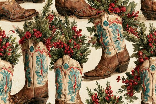 Seamless western Christmas pattern with vintage cowboy boots, evergreen branches, red berries and tiny ornaments in brown, turquoise, cranberry and cream, rustic watercolor illustration