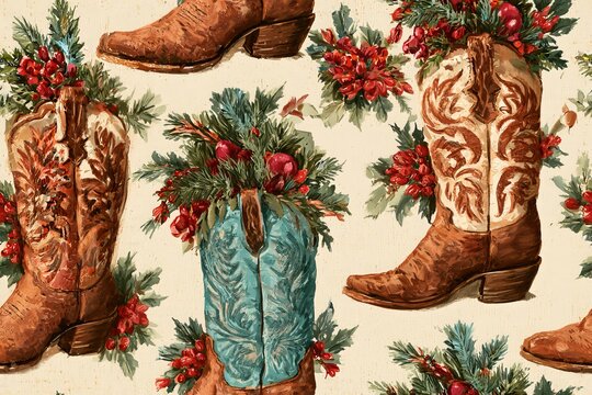 Seamless western Christmas pattern with vintage cowboy boots, evergreen branches, red berries and tiny ornaments in brown, turquoise, cranberry and cream, rustic watercolor illustration
