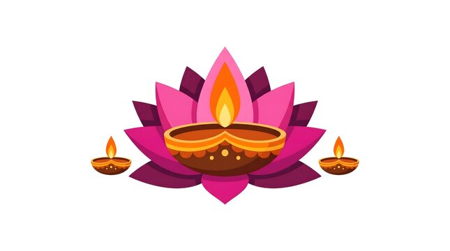 Diwali diya lamp on lotus flower. Burning oil lamps for Deepavali. Hindu festival of lights celebration vector illustration.