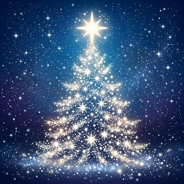 Beautiful pixel art Christmas tree with star top and sparkling background