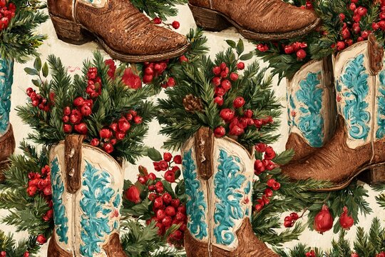 Seamless western Christmas pattern with vintage cowboy boots, evergreen branches, red berries and tiny ornaments in brown, turquoise, cranberry and cream, rustic watercolor illustration