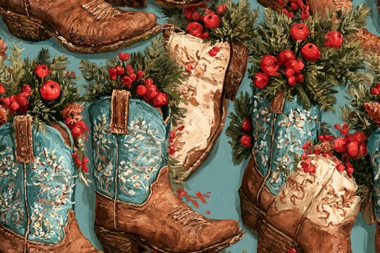 Seamless western Christmas pattern with vintage cowboy boots, evergreen branches, red berries and tiny ornaments in brown, turquoise, cranberry and cream, rustic watercolor illustration