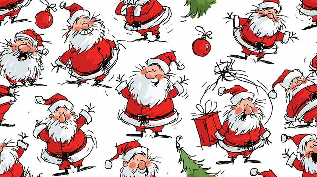 Seamless pattern of whimsical cartoon Santas with a box, Christmas tree, festive background