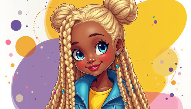 Young girl with blonde braids smiling against a colorful background  