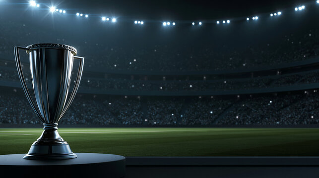 Modern silver cricket championship trophy cup placed on black podium inside professional stadium with arena lights night.