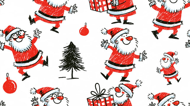 Seamless pattern of whimsical cartoon Santas with a box, Christmas tree, festive background