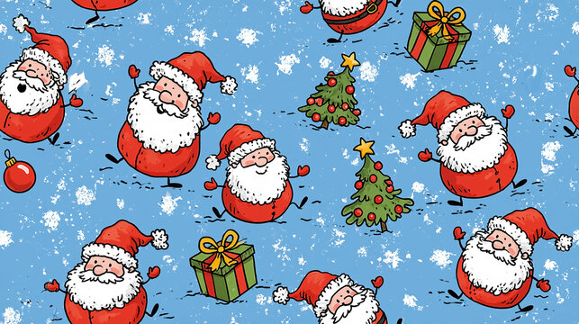 Seamless pattern of whimsical cartoon Santas with a box, Christmas tree, festive background