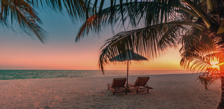 Romantic sunset tropical beach palm trees sunbeds umbrella glowing golden sky calm sea sandy shore paradise. Perfect summer vacation travel scene. Luxury honeymoon couples relax love coastal getaway