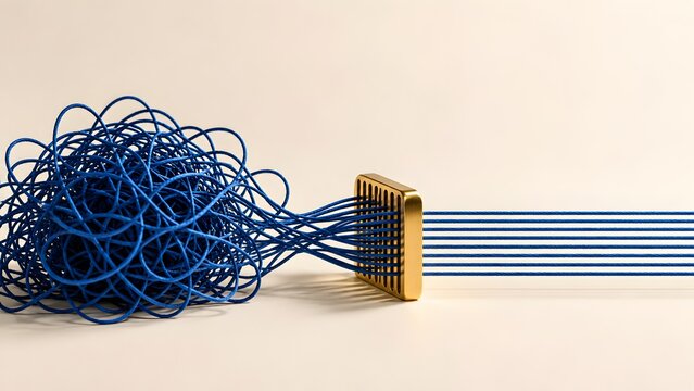 Tangled blue wires passing through golden divider into straight parallel lines symbolizing problem solving, data organization, and workflow simplification