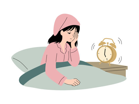 Woman in Pajama Waking Up Early with Ringing Alarm Clock in Bed Flat Illustration