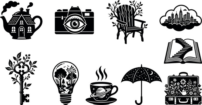 Surreal negative space vector icon set featuring optical illusion faces and hidden scenery inside everyday household objects for conceptual branding