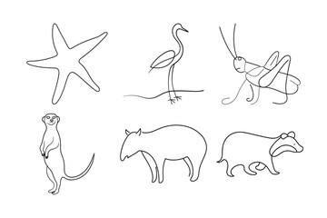 Obraz premium Simple line art animal collection displays desert and marsh species in clean black ink style.