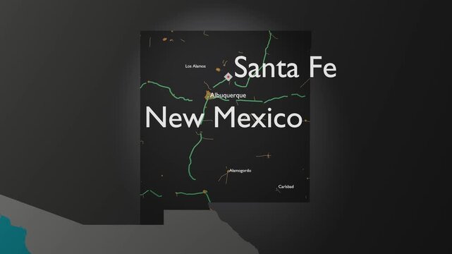 New Mexico 3D Map Digital Cartography with Albuquerque and Santa Fe Lights