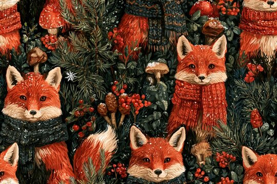 Seamless woodland Christmas pattern with red foxes wearing knitted scarves, pine branches, berries, mushrooms and snowflakes in rust orange, green, cranberry and cream, storybook gouache style