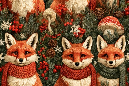 Seamless woodland Christmas pattern with red foxes wearing knitted scarves, pine branches, berries, mushrooms and snowflakes in rust orange, green, cranberry and cream, storybook gouache style