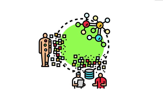 Human figure, medical professional, and data servers conceptually molecular biology proteome investigation for scientific research and healthcare applications