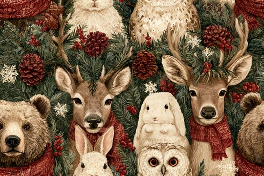 Seamless woodland Christmas pattern with bear, deer, rabbit and owl wearing scarves, evergreen sprigs, pinecones, snowflakes and berries in earthy green, brown, burgundy and cream, watercolor gouache