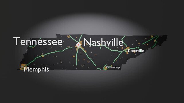 Tennessee 3D Map Animated Cartography with Nashville and Memphis Lights