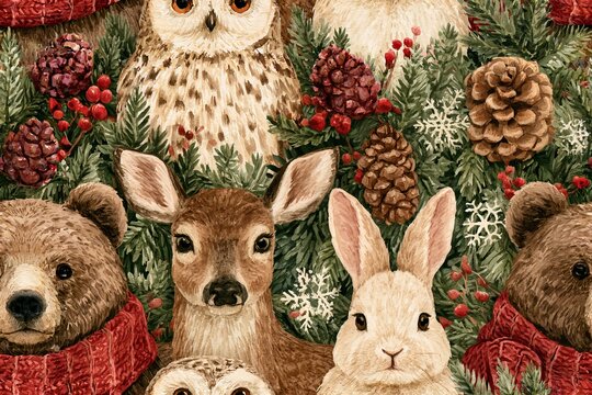 Seamless woodland Christmas pattern with bear, deer, rabbit and owl wearing scarves, evergreen sprigs, pinecones, snowflakes and berries in earthy green, brown, burgundy and cream, watercolor gouache