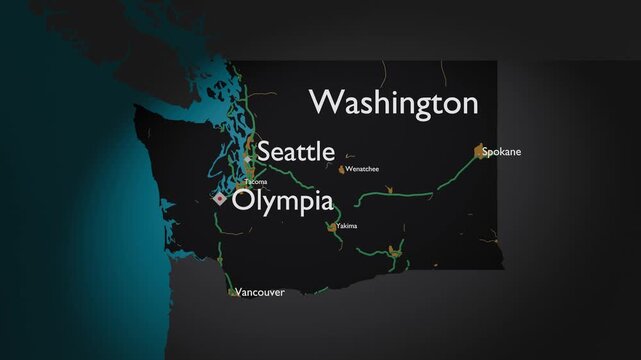 Washington 3D Map Digital Cartography with Seattle and Olympia Lights