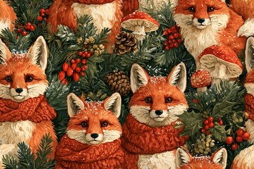 Obraz premium Seamless woodland Christmas pattern with red foxes wearing knitted scarves, pine branches, berries, mushrooms and snowflakes in rust orange, green, cranberry and cream, storybook gouache style