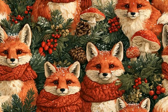 Seamless woodland Christmas pattern with red foxes wearing knitted scarves, pine branches, berries, mushrooms and snowflakes in rust orange, green, cranberry and cream, storybook gouache style