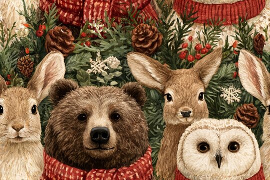 Seamless woodland Christmas pattern with bear, deer, rabbit and owl wearing scarves, evergreen sprigs, pinecones, snowflakes and berries in earthy green, brown, burgundy and cream, watercolor gouache