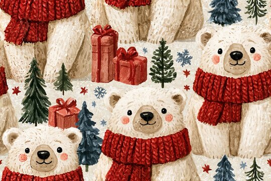Seamless Christmas pattern with polar bears in knitted scarves, evergreen trees, snowflakes, stars and gifts, ivory, beige, sage, muted red and icy blue watercolor, cozy winter background