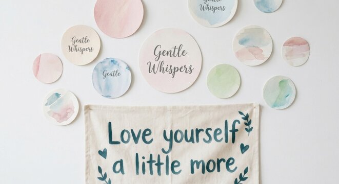 Inspirational Wall Art: 'Love yourself a little more' banner with 'Gentle Whispers' circular accents