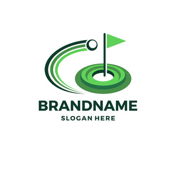 This logo features a golf flag and circle, symbolizing precision and sport. The design uses green shades to evoke a sense of nature and focus, suited for golf-related branding.