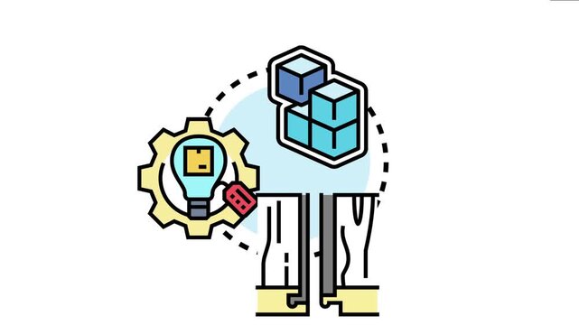 Diagram the concepts of modular product elements, breakdown, and design, featuring stacked modules, an innovative product idea within a gear, and interlocking components