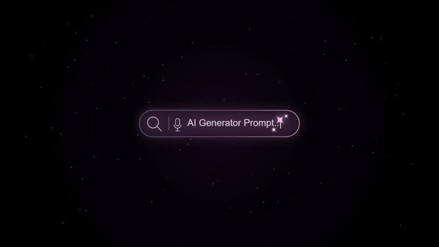 A glowing neon search bar displays typing text for AI Generator Prompt on a dark space background with floating particles. This sleek modern interface simulates a futuristic virtual assistant query.