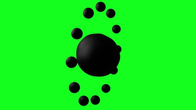 Abstract black 3D metaball sphere releasing small spheres that orbit and merge back on green screen, chroma key, seamless loop, 4K