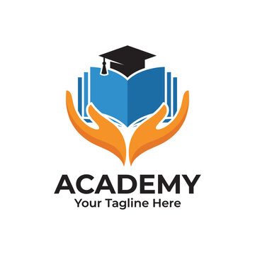A bright and engaging logo design for an educational academy, featuring books and a graduation cap, symbolizing knowledge, learning, and growth.